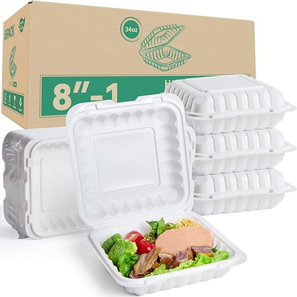 8 Inch 34oz 55-Pack White Food Containers - Shrink Wrap No Pre-Wash | BPA Free Sturdy Reusable | Microwave, Freezer & Dishwasher Safe for Leftovers, Meal Prep, Takeout & Catering Disposable Box