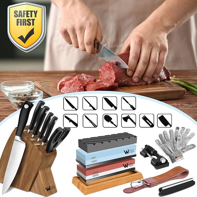 Knife Sharpening Stone Kit – 400/1000 3000/8000 Grit Wet Kitchen Whetstone Knife Sharpener Set with Non-slip Bamboo Rubber Base, Angle Guide, Flattening, Leather Strop and Cut Resistant Gloves