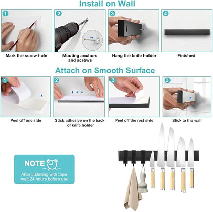 Magnetic Knife Holder for Wall with 3 Hooks, No Drilling Magnetic Knife Strip Adhesive Knife Holder Magnet Knife Bar, Wall Mount Knife Rack Block Metal Tool Holder for RV Kitchen Organization, 10 Inch