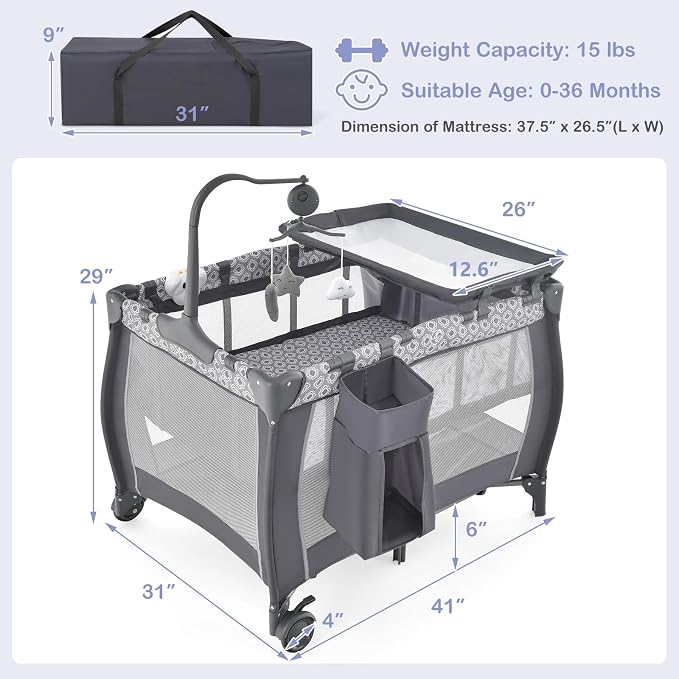 INFANS 3 in 1 Pack and Play, Portable Travel Baby Bassinet with Detachable Mattress, Changing Table, Foldable Playpen with Carry Bag, 2 Wheels (Classic)