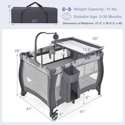 INFANS 3 in 1 Pack and Play, Portable Travel Baby Bassinet with Detachable Mattress, Changing Table, Foldable Playpen with Carry Bag, 2 Wheels (Classic)