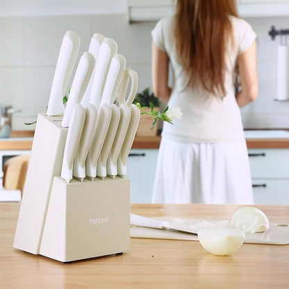 hecef 15 Pieces Kitchen Knife Set with Built-in Sharpening Wooden Block, Dishwasher Safe, High Carbon Stainless Steel Knife Block Set with Steak Knives, Kitchen Scissors, Cream White
