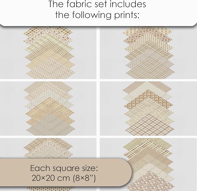 Cotton Satin Patchwork Fabric Panel – 35 Designs, 20×20 cm Squares, Single Piece 150×110 cm, Neutral Beige Quilt Fabric (Golden Beige Patchwork Set, 35pcs 8x8 inch)