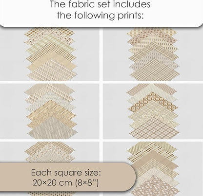 Cotton Satin Patchwork Fabric Panel – 35 Designs, 20×20 cm Squares, Single Piece 150×110 cm, Neutral Beige Quilt Fabric (Golden Beige Patchwork Set, 35pcs 8x8 inch)