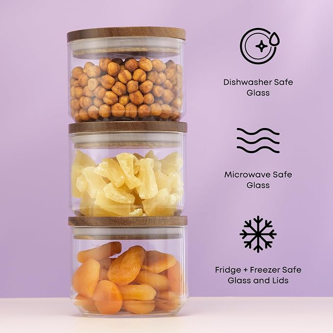 JoyJolt Holden 14oz Stackable Glass Storage Containers with Lids and Wooden Tray, Small Airtight Food Canister Set of 3 with Acacia Wood Lids, Round Clear Stacking Pantry and Kitchen Containers