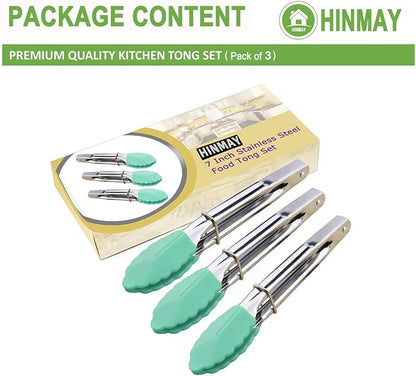 HINMAY 7" Stainless Steel Food Tongs with Silicone Tips, Set of 3 (Mint) | 7-Inch Mini Tongs