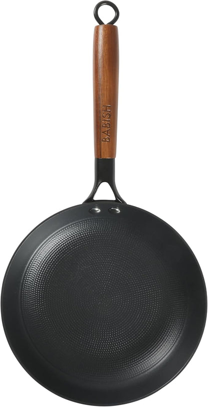 Babish 9.5 Inch Cast Iron Skillet with Wooden Handle, Pre-Seasoned Nonstick Pan with Honeycomb Textured Cooking Surface, Induction Oven Safe Skillet for Searing, Frying Eggs, Steak and Stir Fry