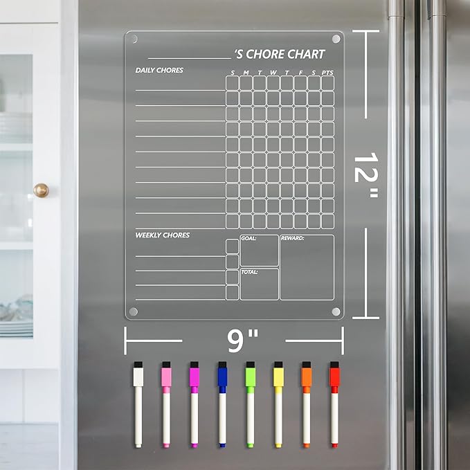 Neatsure Acrylic Magnetic Chore Chart for Fridge, Clear Dry Erase Chores Chart for Refrigerator, Responsibility Reward Planning Board for Teens Family, w/ 8 Colors Markers, 12"x9"
