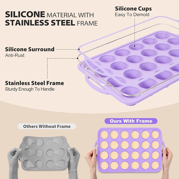 Mini Silicone Muffin Pan with Metal Frame, Non Stick Silicone Cupcake Pan with Handles 24 Cup, BPA Free Silicon Muffin Tin Tray Small for baking, egg bites, Cupcake Mold Purple