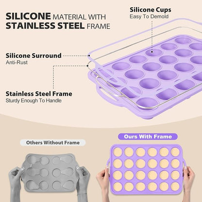 Mini Silicone Muffin Pan with Metal Frame, Non Stick Silicone Cupcake Pan with Handles 24 Cup, BPA Free Silicon Muffin Tin Tray Small for baking, egg bites, Cupcake Mold Purple