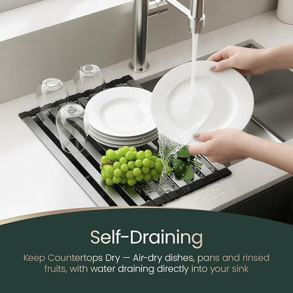Meowoo Rectangle Dish Drying Rack, 15.7" x 13" Roll Up Over The Sink Dish Drainer Rack, Non-Slip Silicone Base, Stainless Steel Drying Rack for RV & Small Kitchen Sink, Black