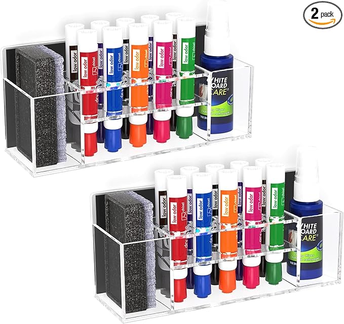 HBlife 2 Pcs Acrylic Magnetic Dry Erase Marker Holder for Whiteboard, Wall Mount 10 Slots Magnet Pen Pencil Holder for Fridge Refrigerator, Locker Organizer Accessories for Classroom Office, Clear