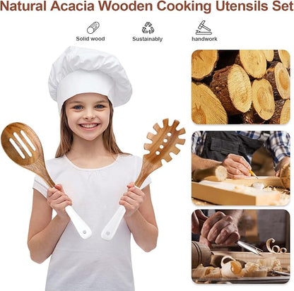 Wooden Spoons For Cooking, 6 Pieces Natural Acacia Wooden Cooking Utensils or Non-Stick Wood Kitchen Utensil Set for Kitchen Essentials, Wooden Cooking Utensils Set with Hanging Hole, White