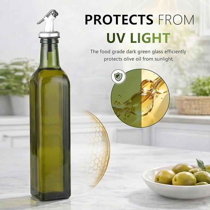WERTIOO 4Pack Green Olive Oil Dispenser Bottle, 17 OZ Glass Oil Dispenser for Kitchen, 500ml Glass Bottles for Vinegar Oliveoil with Label and Funnel