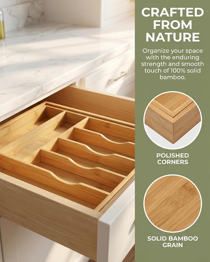 Expandable Bamboo Silverware Drawer Organizer, 5-7 Compartments | Expands to Fit Most Drawers, 5-7 Compartments, Dual-Zone Storage for Flatware and Large Utensils