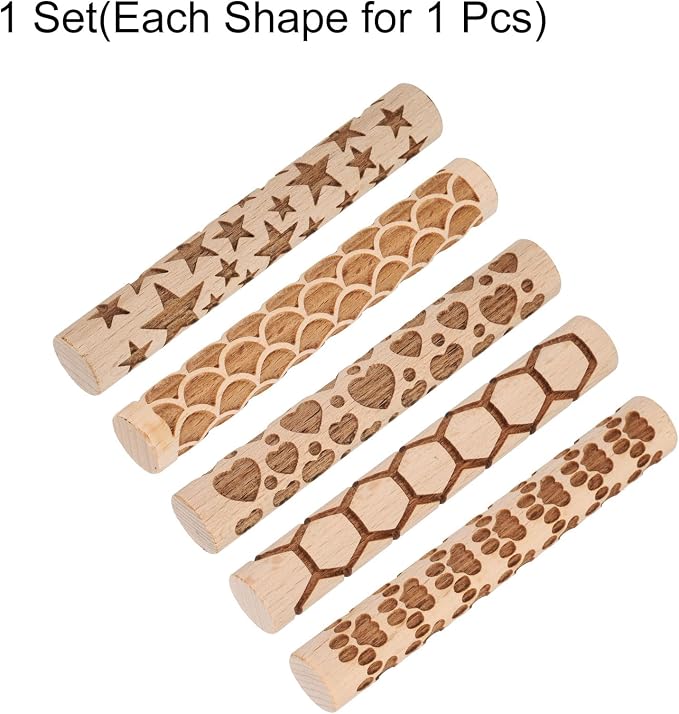 HARFINGTON 5pcs Wood Clay Roller 4" Paw Print Pattern Rolling Pins Wood Rollers Pottery Tools Wood Grain Texture Rollers for Clay Baking Dough Playdough DIY