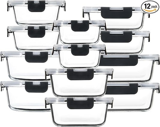 FAWLES 12 Pack Glass Meal Prep Containers with Airtight Lids, Leak-Proof Food Storage Containers, Dishwasher/Microwave/Oven/Freezer Safe Glass Containers for Lunch, Leftovers, to Go (Grey)