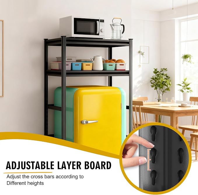 3-Tier Space Saving Refrigerator Shelf Organizer, Adjustable Metal Storage Rack with Double Column, 63" H Mini Fridge & Microwave Stand for Kitchen, Apartment, Black