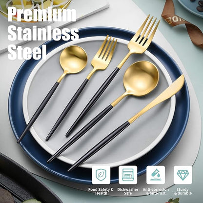 Lemeya Matte Black Gold Silverware Set for 8,Modern Stainless Steel Brushed Cutlery Set,40-Pieces Heavy Duty Flatware Set,Knives Spoons and Forks Set Utensils Set, Satin Finish, Dishwasher Safe