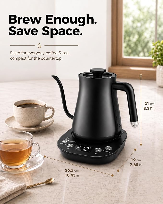 Gooseneck Electric Kettle with ±1℉ Temperature Control, 304 Stainless Steel Interior, BPA Free, 1200 Watt Rapid, Brew Timer, Automatic Shut Off for Pour Over Coffee, Brew Tea, Boil Hot Water