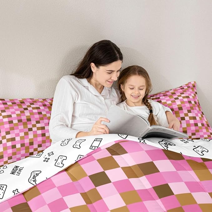 Manfei Pixel Grid Theme Comforter Set Queen Size,Cartoon Gamepad Duvet Insert Adults Bedroom Decor,Abstract Simple Bedding Set,Brown Pink Ultra Soft Microfiber Inner Fill 3Pcs Bedding