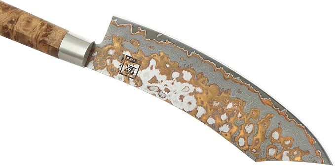 zayiko 7.9 Inch Damascus Carving Knife, VG10 Core, Meat Slicing Knife for Brisket, BBQ, Roast & Turkey, 67-Layer Copper Damascus Steel, 60 HRC, Maple Root Wood Handle, Wooden Gift Box