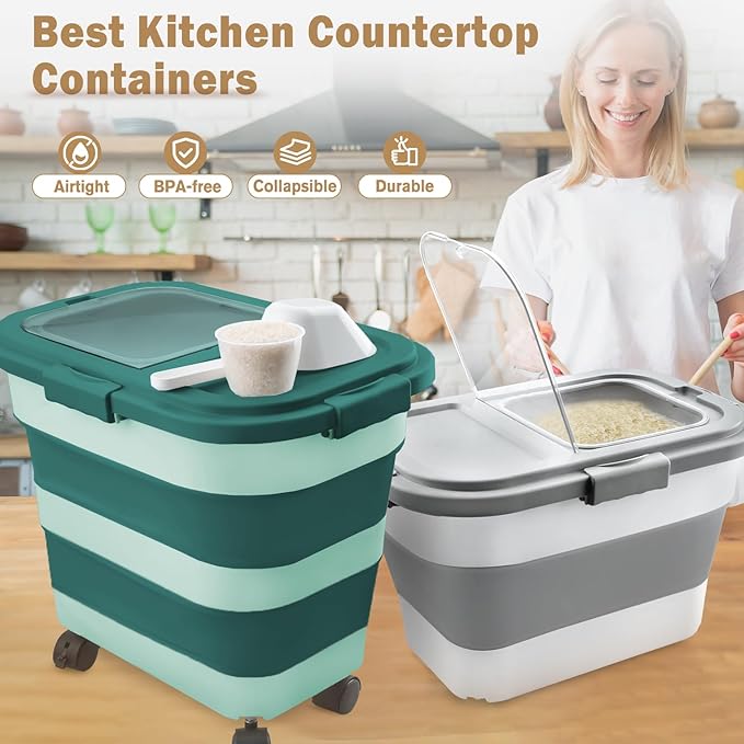 Komzon Rice Storage Container, Collapsible Airtight 10-40 Lb Rice Storage Container, 25lb Pet Dog Food Storage Container, Rice Dispenser Bin with Cup and Scoop for Flour Cereal Pasta Grain, Cat Bird