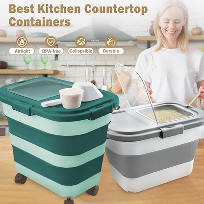 Komzon Rice Storage Container, Collapsible Airtight 10-40 Lb Rice Storage Container, 25lb Pet Dog Food Storage Container, Rice Dispenser Bin with Cup and Scoop for Flour Cereal Pasta Grain, Cat Bird