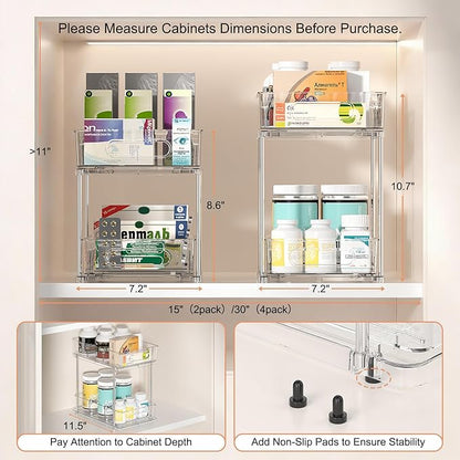 Delamu 2 Tier Under Sink Organizer Bathroom, Bathroom Cabinet Organizer with Snap-Lock Design and Hooks, Pull Out Storage with Movable Dividers, for Countertop, Kitchen and Pantry (Clear, 2 Pack)