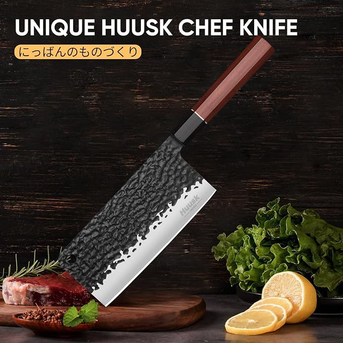 Huusk Japanese Meat Cleaver Knife - 6.7" Hand Forged Knives, 3 Layers 9CR18MOV High Carbon Kitchen Knife, Professional Sharp Cooking Knives with Ergonomic Handle Christmas Gift for Men and Women