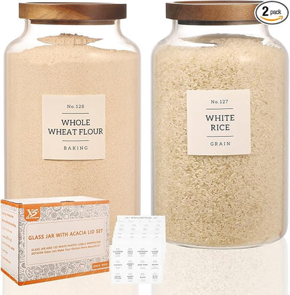 2 Pack Large Glass Flour and Sugar Storage Containers with Airtight Acacia Lids and 132 Kitchen Pantey Labels Preprint - 95 LF OZ Borosilicate Glass Canister Sets for Food,Spaghetti,Cookie,Rice