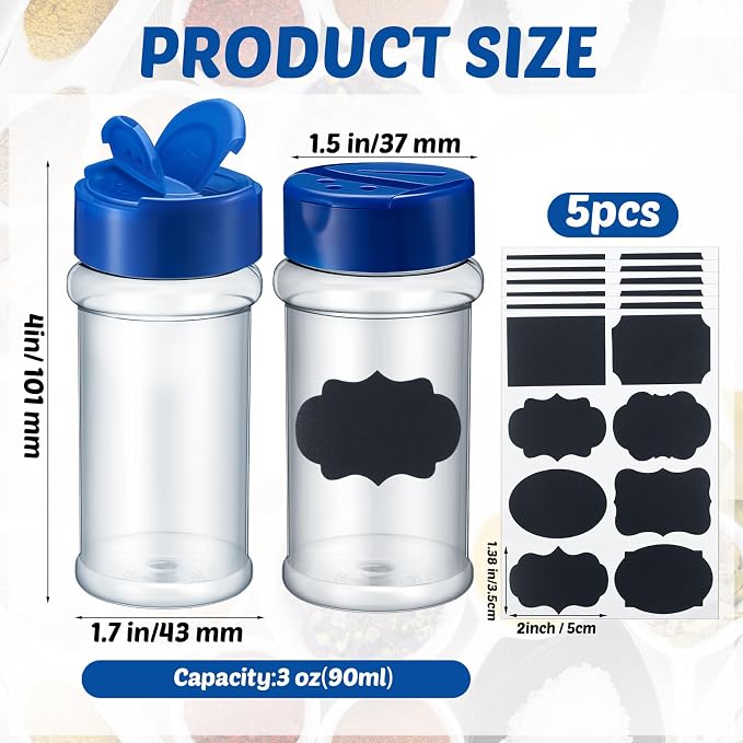 Eccliy 36 Pack 3 oz Clear Plastic Spice Jars with Label and Shaker Lids Empty Spice Bottles Seasoning Containers Seasoning Jars Shaker Condiment Pots for Pepper Herbs Powders(Blue)