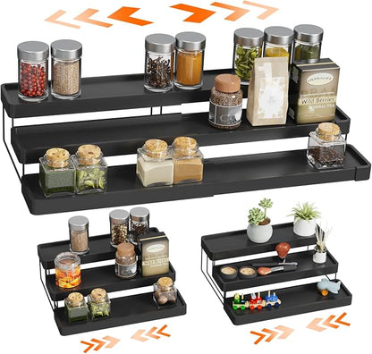 Expandable Spice Rack Organizer - 3 Tier Adjustable Spice Organizer for Cabinet & Countertop - Easy Visibility - Black