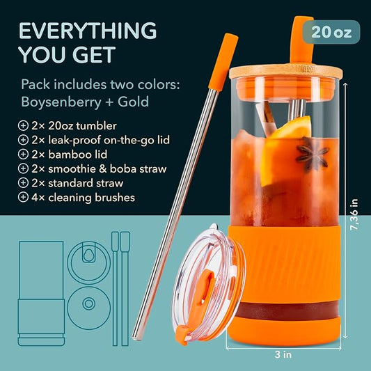 Pandaloo® Glass Cups With Lids and Straws -20 Fl Oz- Perfect Size Iced Coffee Cup - Smoothie Cup With Bamboo Lid and On the go Lid - Glass Tumbler (2 Count (Pack of 1), Boysenberry-Autumn Gold)