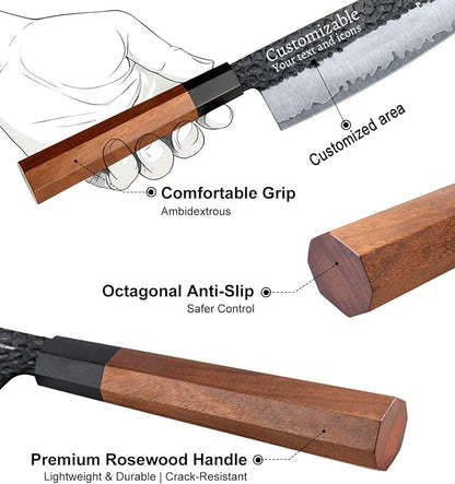 FAMCÜTE 8‘’ Engraved Custom Japanese Knife, Hand-Forged Chef Knife with 5-Layer 9CR18MOV Steel and Non-Slip Rosewood Handle Kitchen Knife, Christmas Gift for People Who Love to Cook in Sandalwood Box