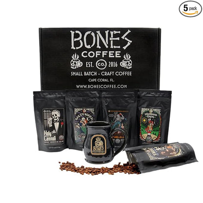 Bones Coffee Company Favorite Flavors Sample Pack Box Set with Specialty Coffee Mug, 5 Assorted Single-Origin Low Acid Medium Roast Arabica Beans Flavored Coffee Gifts, 4 oz Pack of 5 Whole Bean