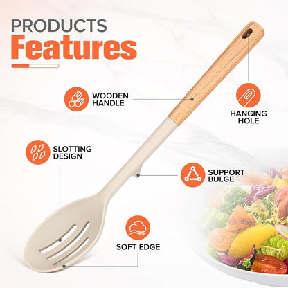 Large Silicone Slotted Spoon&Spoon with Wooden Handle for Nonstick Cookware,Kitchen Cooking Spoons for Mixing,Serving& Stirring,Heat-Resistant Utensils Spoon Set of 2,BPA Free (Khaki)
