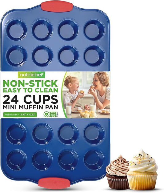 NutriChef 17” Nonstick Mini Muffin Pan - Premium Carbon Steel 24 Cup Baking Tray w/ Red Silicone Handles, Easy to Clean Mini Cupcake Bakewear - Dishwasher Safe, Blue