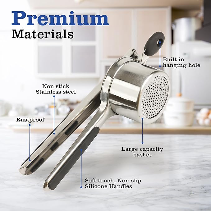 Mindful Design Large 15oz Potato Ricer, Heavy Duty Stainless Steel Potato Masher and Ricer Kitchen Tool, Press and Mash Kitchen Gadget For Perfect Mashed Potatoes Every time