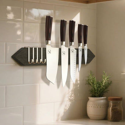 imarku 16" Magnetic Knife Strip, Heavy Duty Wall Mounted Knife Holder, Secure Magnetic Grip for Easy Organization, Kitchen Utensil Rack with 4 Hooks, dark