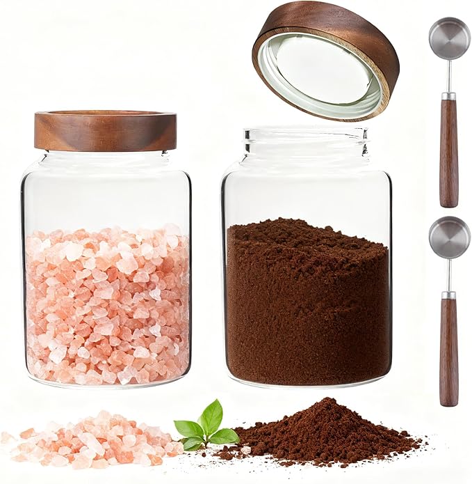 60 oz Glass Coffee Jars with Wooden Airtight Lid Spoon Clear Herb Ground Canister Round Food Storage Container for Sugar Pantry Flours Tea Coffee Bean Spice Cookies (1800ml/60oz-2PACK（with spoon))