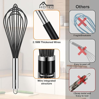 HOTEC 4 Pieces Silicone Whisks Set, Wire Balloon Whisks for cooking Egg Beater, Non-slip Handle Whisk for Non-stick Cookware Perfect for Cooking, Stirring, Beating and Blending,Black