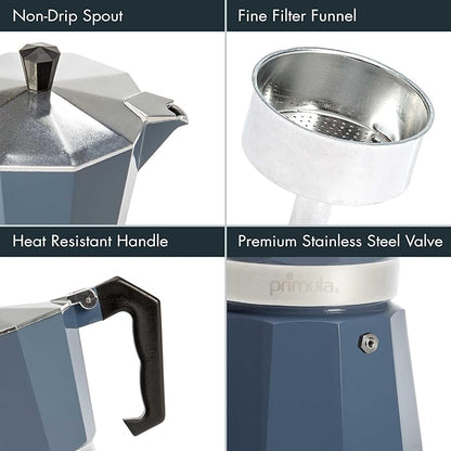 Primula Classic Moka Pot Stovetop Espresso and Coffee Maker, Italian and Cuban Cafetera for Rich Espresso Brewing, Durable Aluminum Greca Coffee Maker with Easy Grip Handle, 6-Cup, Blue