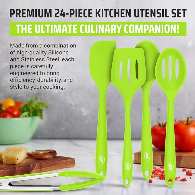 Kaluns Silicone Kitchen Utensils Set 24 Pcs Silicone Cooking Utensils Set - Can Opener, Masher, Turner, Spatula 446°F Heat Resistant Non-Stick - Premium Silicone and Stainless Steel Utensil Set