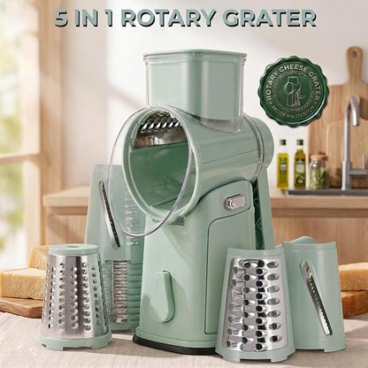 Rotary Cheese Grater Hand Crank, 5-Blade Shredder with Handle, Vegetable Slicer Mandoline Food Chopper, Strong Suction Base Kitchen Gadget for Cheese Vegetables Nuts – Green