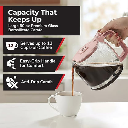 MUELLER HOME 12-Cup Pink Coffee Maker - Borosilicate Carafe, Auto-Off, Pink Kitchen Accessories, Reusable Filter, Anti-Drip, Kitchen Appliances, Keep-Warm Function