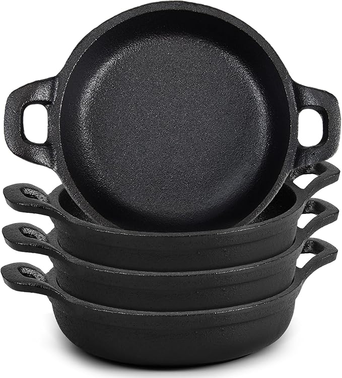 Ziliny Mini Cast Iron Skillets 5 x 5 x 1.3 Inch Cast Iron Pan Small Ramekin Set Black Casserole Dish Cookware Oven Safe Mini Skillets for Kitchen Indoor Outdoor Picnic (4 Pack)