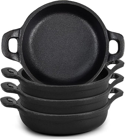 Ziliny Mini Cast Iron Skillets 5 x 5 x 1.3 Inch Cast Iron Pan Small Ramekin Set Black Casserole Dish Cookware Oven Safe Mini Skillets for Kitchen Indoor Outdoor Picnic (4 Pack)