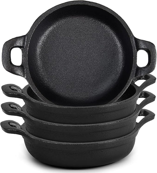 Ziliny Mini Cast Iron Skillets 5 x 5 x 1.3 Inch Cast Iron Pan Small Ramekin Set Black Casserole Dish Cookware Oven Safe Mini Skillets for Kitchen Indoor Outdoor Picnic (4 Pack)