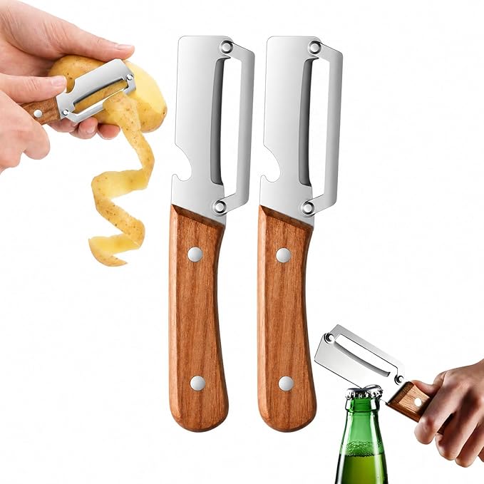 2-in-1 Multifunctional Vegetable Peeler with Wooden Handle, Zero Snag Ergonomic Kitchen Peeling Tool for Potatoes, Apple, Fruits, Double-Ended Skin Remover & Bottle Opener Utensil, 2 PCS